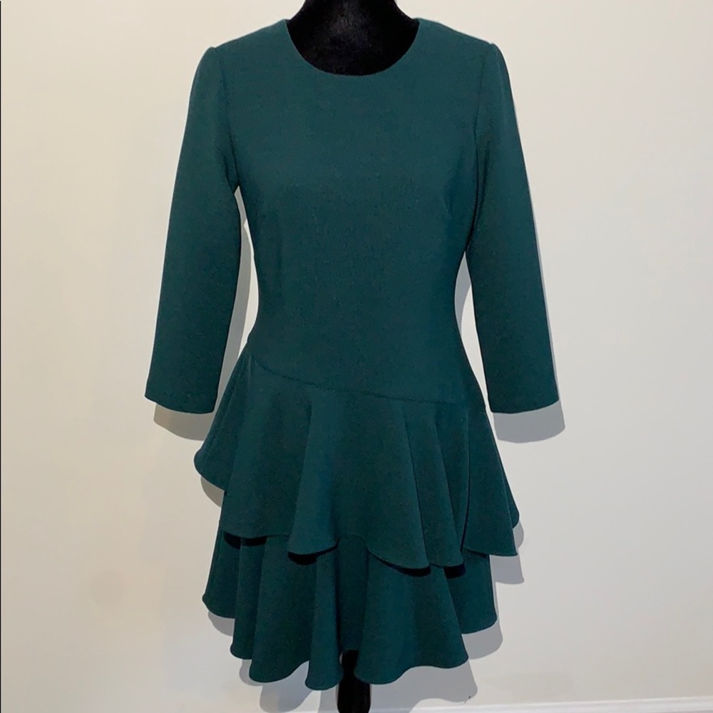Eliza j forest Green asymmetrical ruffle dress